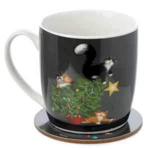 Ensemble Mug Porcelaine & Dessous de Verre Kim Haskins - Chats dans Sapin de Noël